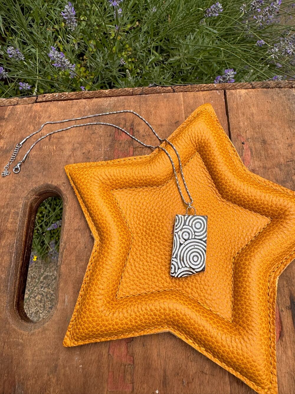 Ceramic Rectangle Pendant Necklace Handcrafted Jewelry Circle Boho Necklace